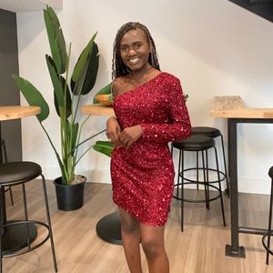 Red sequins one Shoulder dress